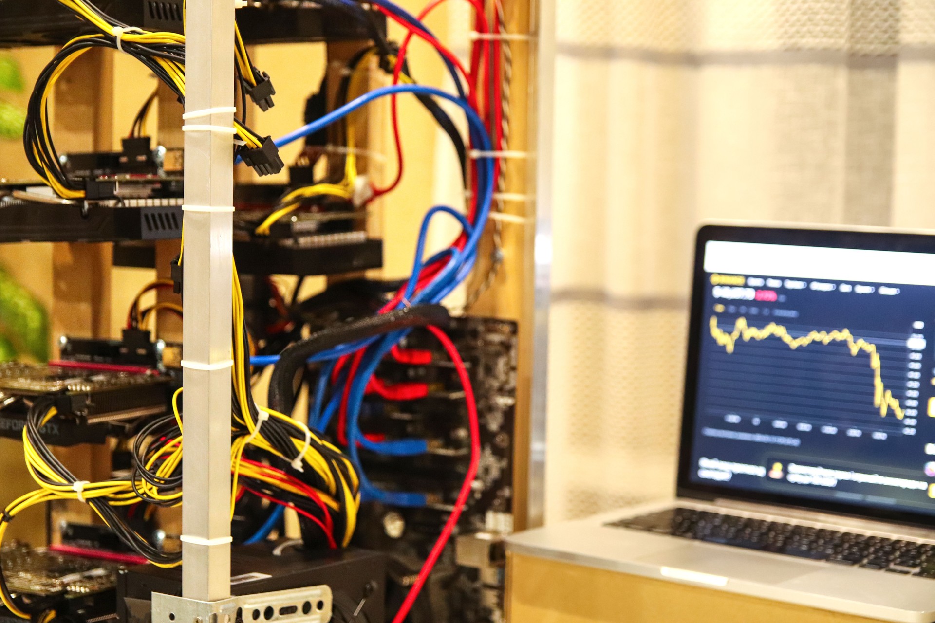 Trade home farm. Home crypto mining setup showcasing cryptocurrency farm equipment with bitcoin symbol, emphasizing the concept of digital investment and market trends in cryptocurrency