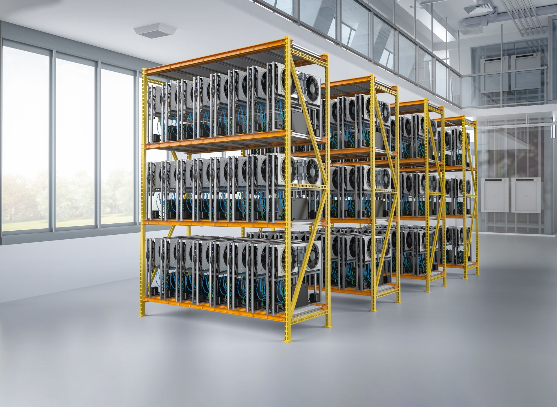 Mining farm with graphic card or gpu rack in warehouse
